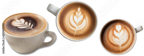 Set of 3 close-up hot coffee latte art cup. Generative AI.