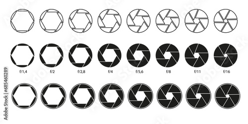 Set of black camera shutter icons. Camera lens aperture. Vector illustration. EPS 10.