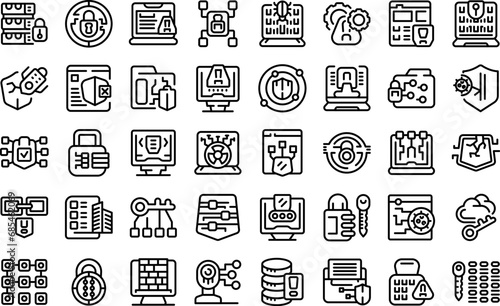 Cybersecurity icons set outline vector. Antivirus malware. Online firewall computer