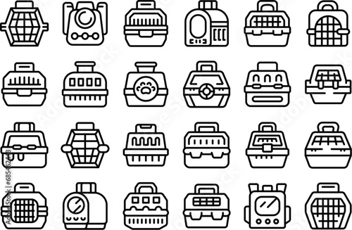 Pet carrier icons set outline vector. Travel cage box. Carry case backpack