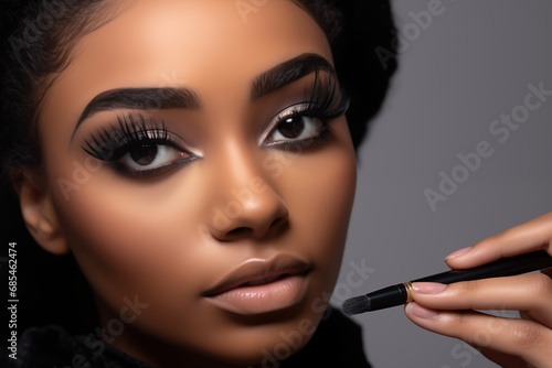 Photography portrait black european Girls Model Use Eye shadow brush her eye. You can use it in your advertising or other high quality prints.