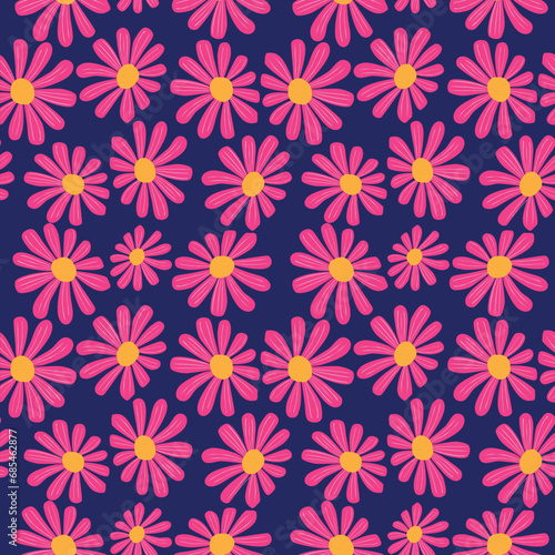 seamless vector graphic floral repeat pattern in pink, yellow, white and blue on a navy bakground