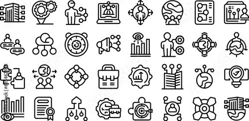 Outsourcing icons set outline vector. Global remote team. Company network