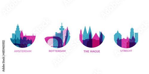 Netherlands cities logo and icon set. Vector graphic Holland collection for Amsterdam, Rotterdam, The Hague, Utrecht