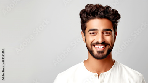 Portrait of a young smiling Indian man with beard isolated on white background. legal AI