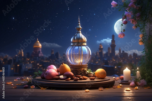 Enchanted still life with lantern, fruits, nuts, and candles against a mystical cityscape backdrop at night. photo