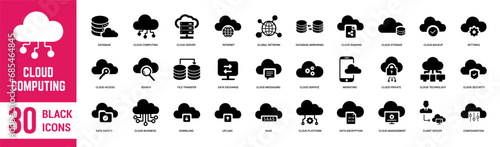 Cloud Computing solid icons set. Cloud, computing, server, internet, cyberspace, digital transformation, technology, networking, data, and database. Vector illustration.