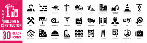 Construction solid icons set. Construction, architecture, worker, crane, engineer, building, contractor, blueprint, renovation and home repair tools. Vector illustration