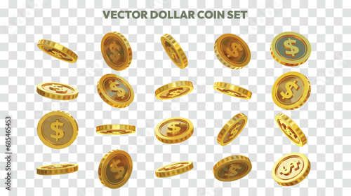 Vector illustration of set of abstract golden US dollar coins in different angles and orientations. Currency sign on coin design in Scalable eps format photo