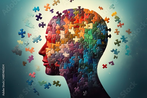 Double exposure of human head and colorful puzzles as symbol of autism awareness, mental health concept, Puzzled human head illustration, Jigsaw puzzle