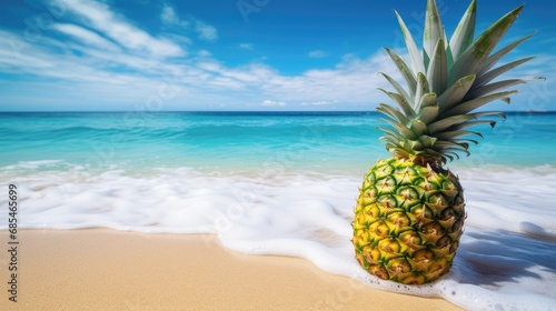 A pineapple on a sandy beach with the ocean in the background.