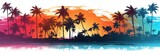 A colorful banner with palm trees and an evening sunset in the tropics overlooking the sea. Generated by AI.