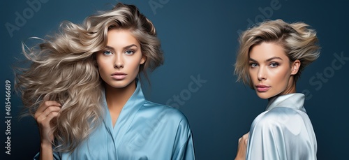 Two young beautiful blondes with developing hair stand on a blue background. Young femininity. photo