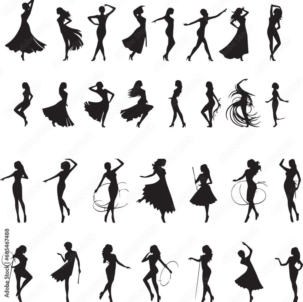 Vector collection silhouettes of dancing girls in different positions on white background