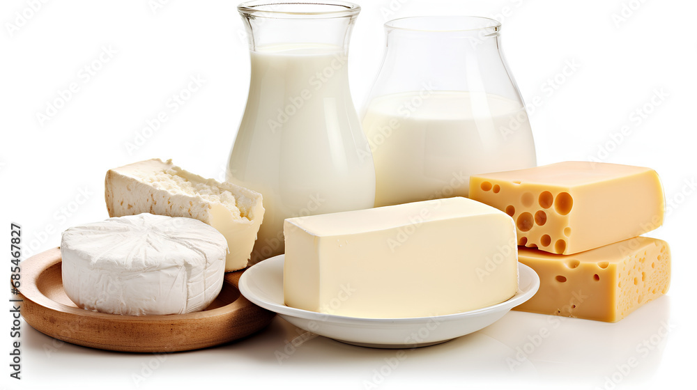 Dairy products on a white background. Milk, cheeses, sour cream and butter. Dairy products on a white background. Milk, cheeses, sour cream and butter.