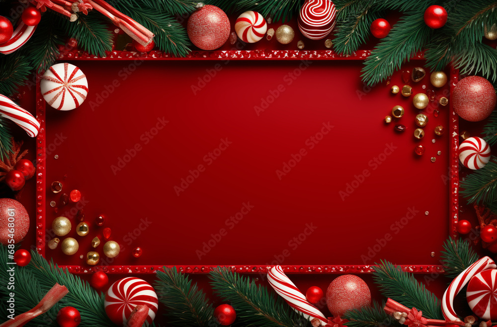 Christmas background with red frame, candy canes and fir branches.