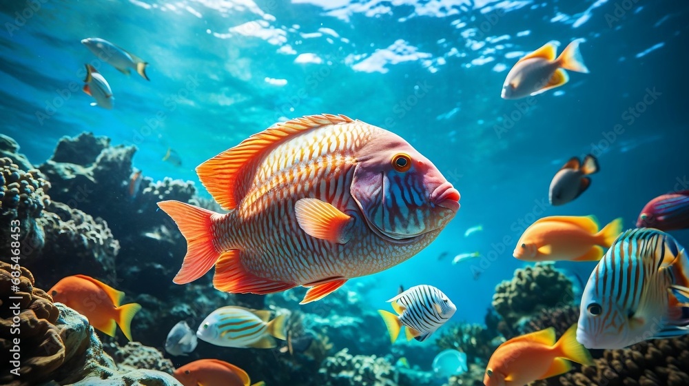 Fototapeta premium A vibrant array of tropical fish underwater
