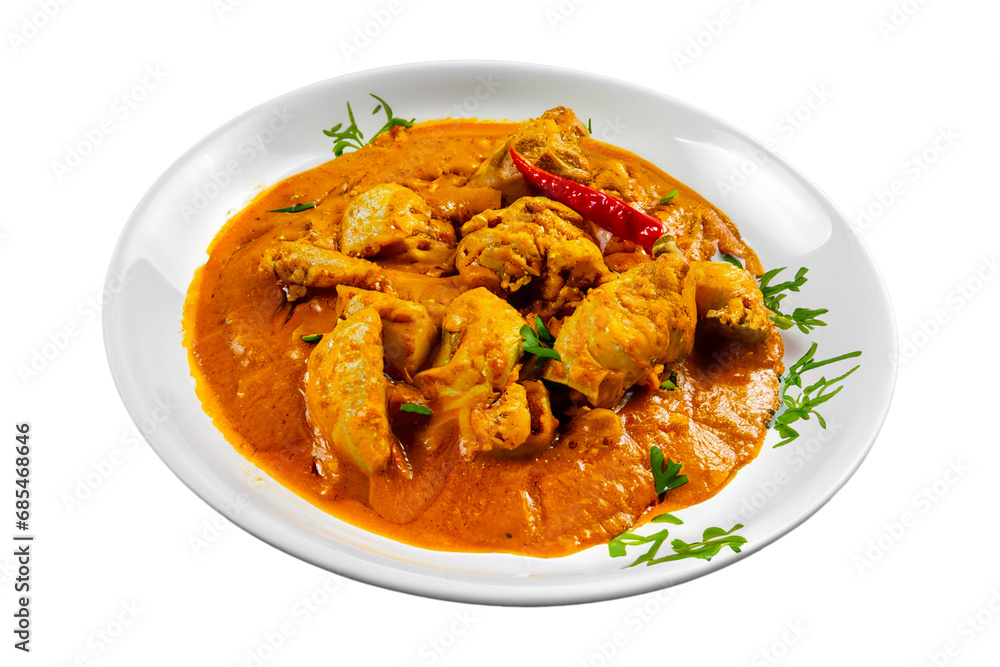 Indian chicken curry on a plate isolated on a transparent background. Generative AI Indian chicken curry on a plate isolated on a transparent background. Generative AI