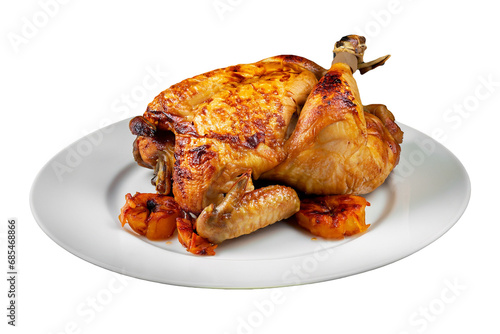 Roasted chicken on a plate isolated on a transparent background. Generative AI 