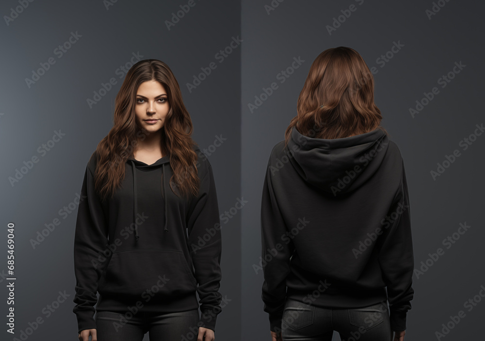 Front and back view of a female black hoodie mockup for design print Front and back view of a female black hoodie mockup for design print