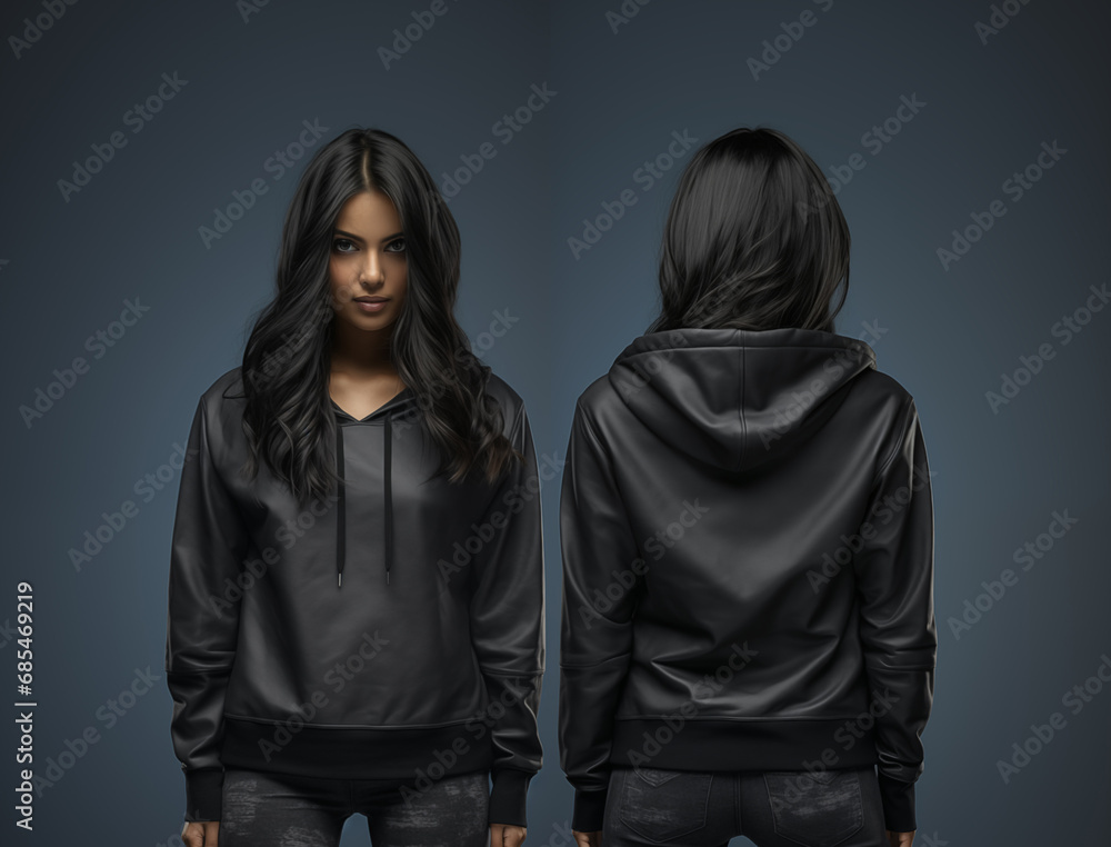 Poster Print Front and back view of a female black hoodie mockup for design print 40x30 cm