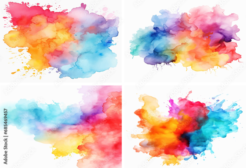 set of watercolor splashes background paint stain grunge abstract art blue design pattern paper colorful illustration
