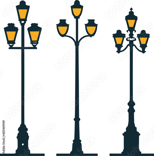 Set of Street Lamp. Vintage Street Light Post. Vector Illustration Isolated on White Background.