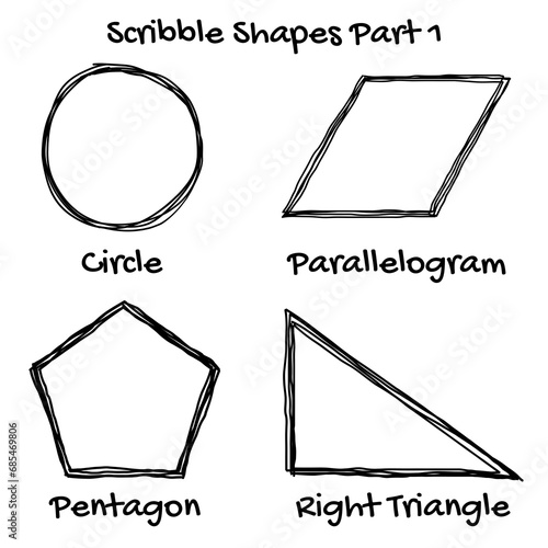 Hand drawn circle, parallelogram, pentagon and right triangle doodle scribble. It is editable file. 