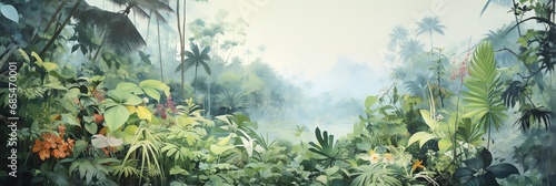 tropical forest painting watercolor for wall art background wallpaper photo