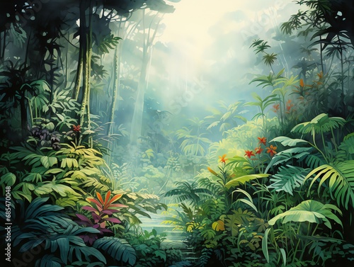 tropical forest painting watercolor for wall art background wallpaper © fledermausstudio