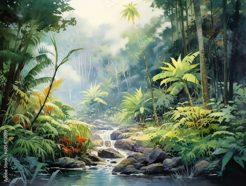 tropical forest painting watercolor for wall art background wallpaper
