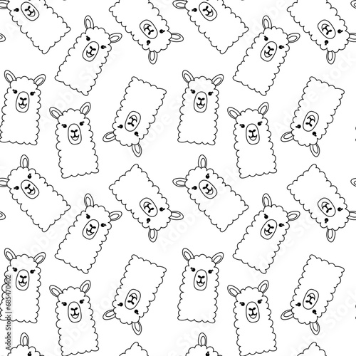 Hand drawn funny portrait of cute llama. Black and white line seamless pattern on white background.