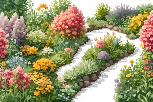 Floral bed with cutouts. Isolated garden design on a white background. Green plants and flowering shrubs for landscape