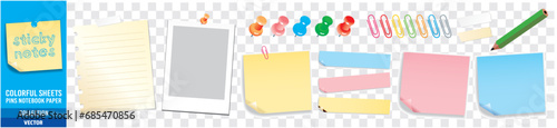 Sticky notes, Push pin, Vintage memo, Paper reminder. Colored paper sheets, collection vector illustration. photo