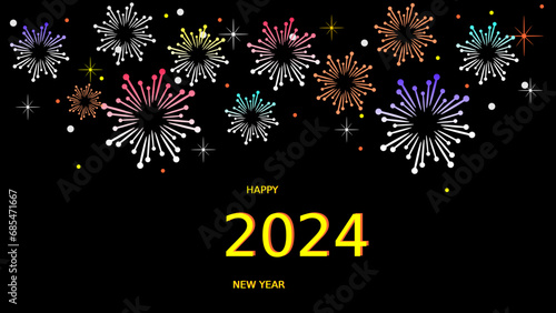 Happy New Year 2024 typography with fireworks design black background vector