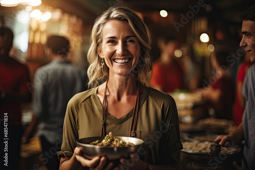 Aging woman smiling happily while holding a buddha bowl  