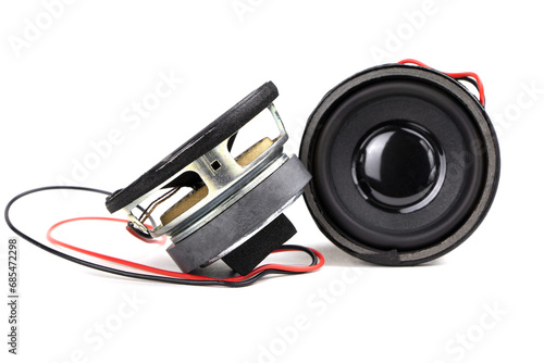 Old acoustic sound speakers isolated on a white background. Speaker restoration and repair