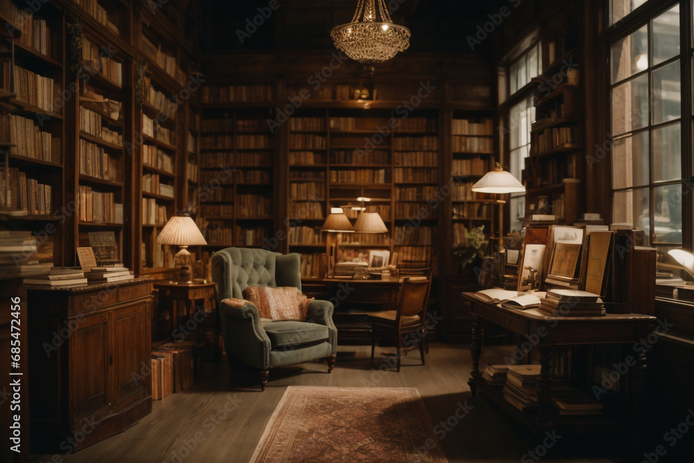 Big large bookcase with many book in house interior Big large bookcase with many book in house interior