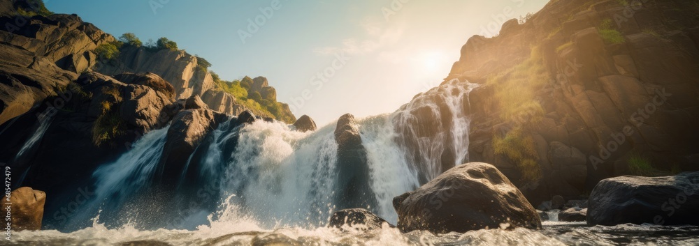 Nature's Symphony: Witness the Majestic Waterfall, a Breathtaking Cascade of Untamed Power Down a Rocky Cliff, a Scenic Wonder in the Wilderness.