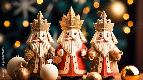 Three wise men holding gifts for Jesus. Concept for religious holiday of Epiphany, Nativity of Jesus, Three Kings Day, Christmas photo
