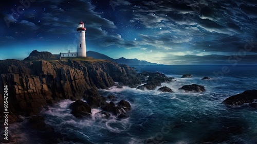 Embark on a Journey Under the Stars: A Dreamlike Exploration of a Starlit Seascape with a Lone Lighthouse Guiding the Way