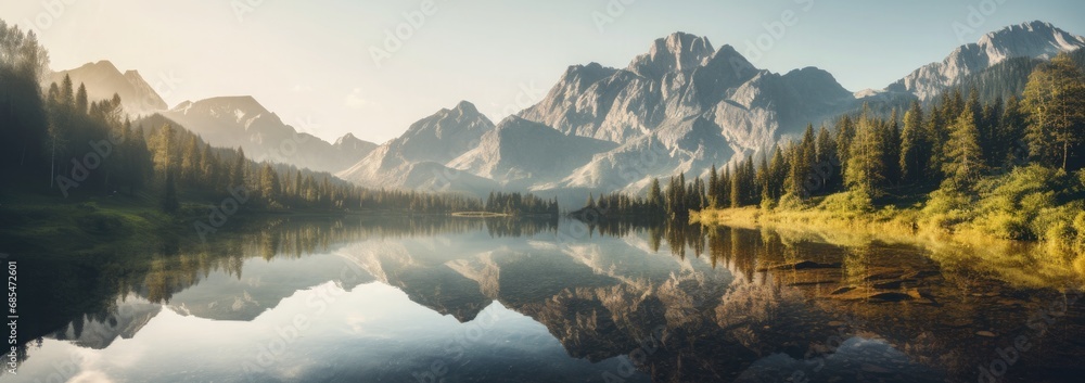 A tranquil lake reflecting the towering peaks of a mountain range.