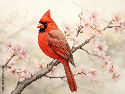 cardinal bird on the flower stalk watercolor painting for wall art background wallpaper