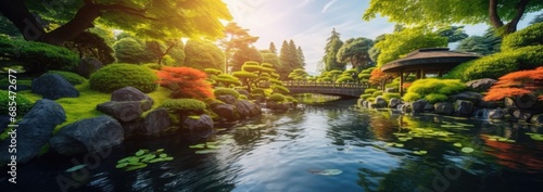 Harmony in Nature: A Tranquil Japanese Garden Oasis with Manicured Trees, Tranquil Ponds, and Graceful Koi Fish