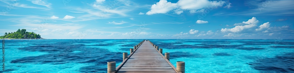 panorama view of an endless wooden dock over the ocean