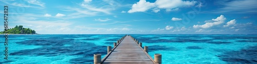 panorama view of an endless wooden dock over the ocean