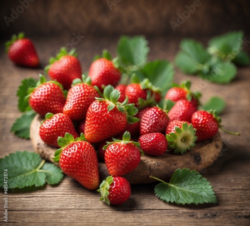 Fresh strawberries with leaves on a wooden background. Selective focus.