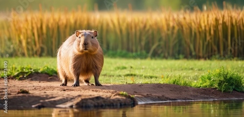  a capybara standing on top of a dirt mound next to a body of water with grass in the background and a reedy field in the foreground. photo