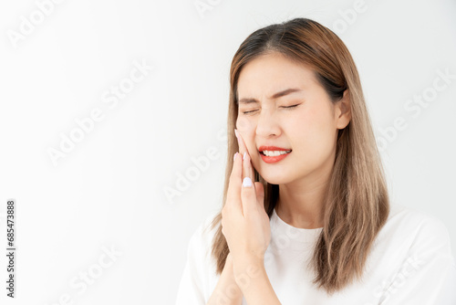 Asian woman feel toothache from gingivitis, female suffer tooth, decay problems, dental care. sensitive tooth, decay problem, bad breath, Gingival Recession, Oral Hygiene instruction, tooth extraction photo