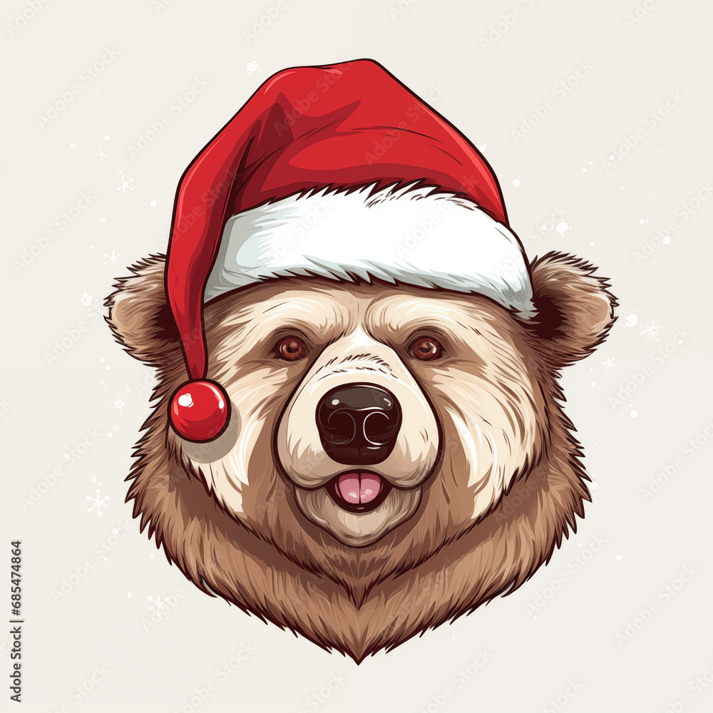 Hand drawn cartoon illustration of bear wearing Santa hat
Hand drawn cartoon illustration of bear wearing Santa hat